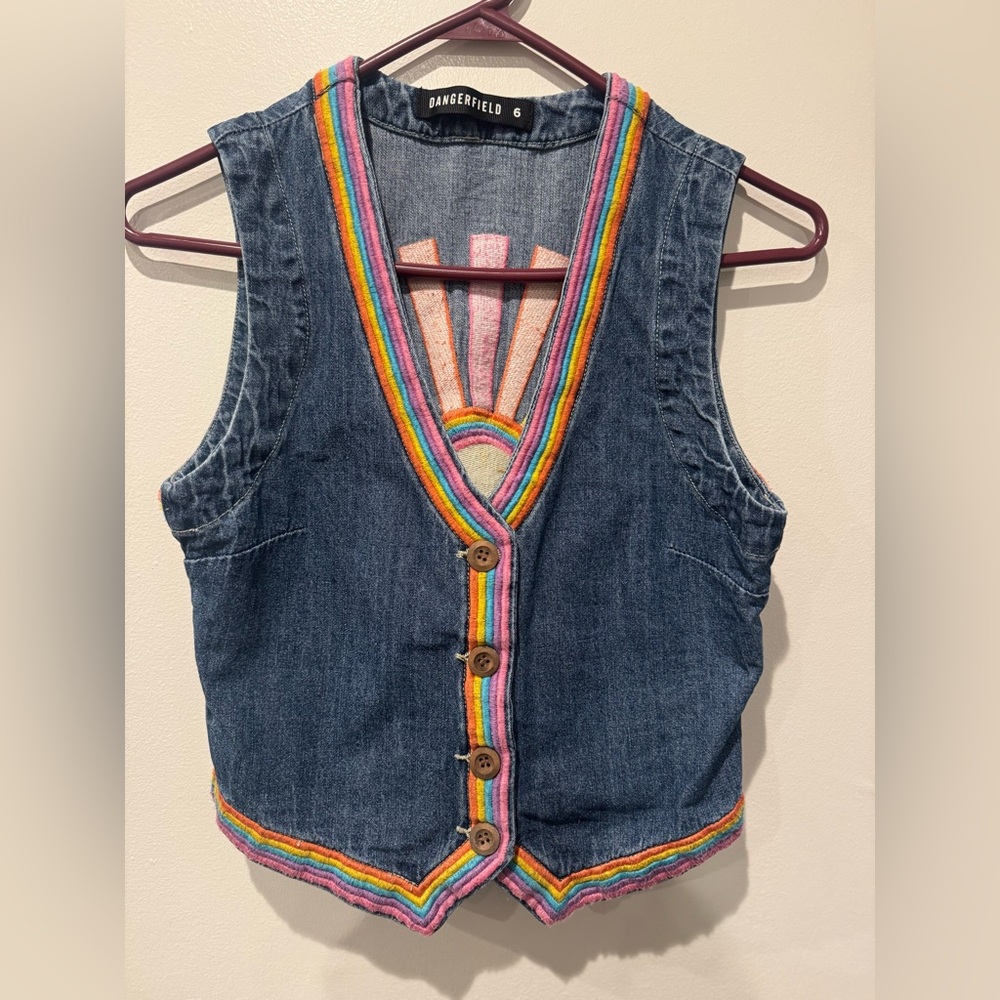 Dangerfield Denim Vest Retro Rainbow Sunburst Embroidery Womens Size 6